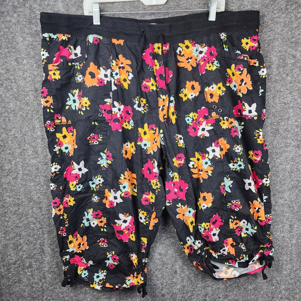 Dash Floral Cargo Shorts Womens‎ 2X Black Multi Drawstring Ruched Hem Capris